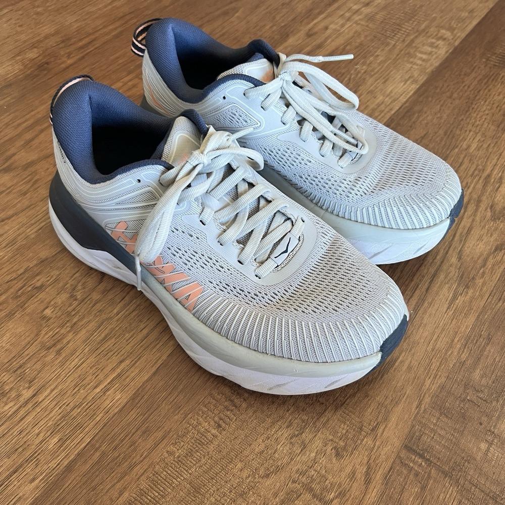 Hoka One One Bondi 7 Lunar Rock Black Iris Women's 6.5 D Wide Sneakers Gray